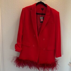NBD Red Blazer with Feather Hem